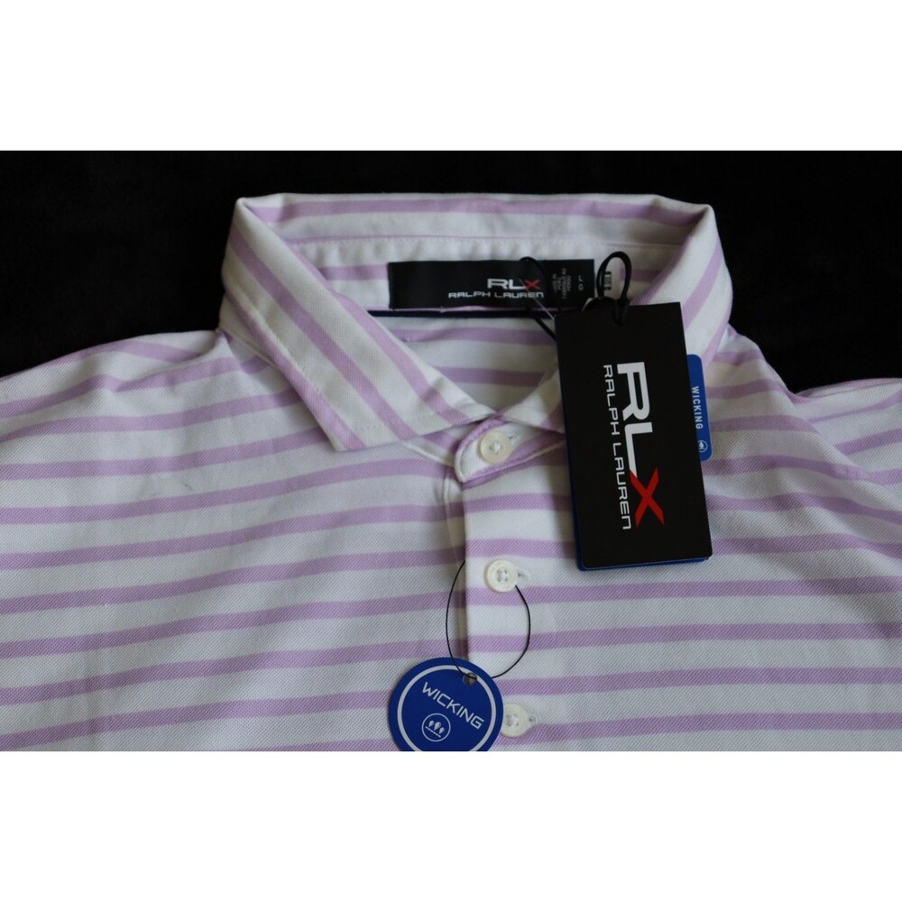 NWT RLX Ralph Lauren Men’s L Purple White Striped Wicking Golf Polo MSRP $110